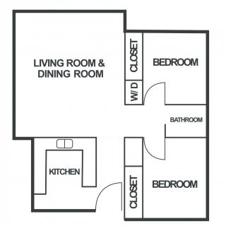 A simple floor plan of a two-bedroom apartment including a living and dining area, kitchen, bathroom, and closets.