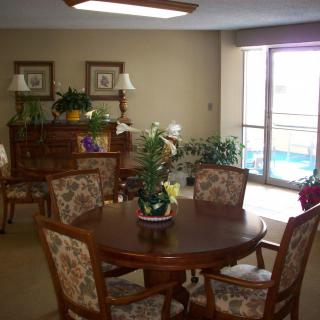 A cozy dining room with a wooden table, floral upholstered chairs, indoor plants, and ample natural light.