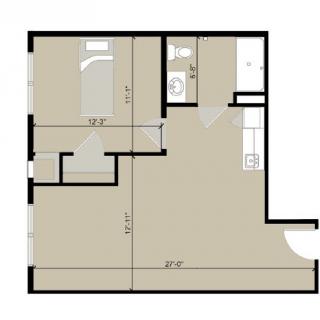 An architectural floor plan depicting the layout of an apartment with labeled dimensions.