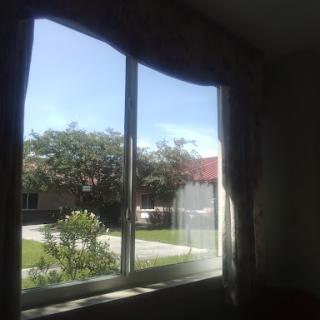 A serene view through a window showcasing clear skies and greenery outside.