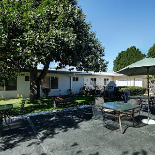 A sunny outdoor patio area with seating, surrounded by trees and a view of the house.
