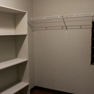 An empty closet with built-in shelves and a wire rack.