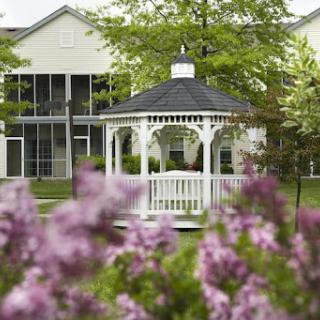 A charming white gazebo surrounded by blooming flowers and lush greenery.