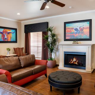 A cozy living room with a modern design, featuring a fireplace, colorful artwork, and a comfortable brown and red sofa.