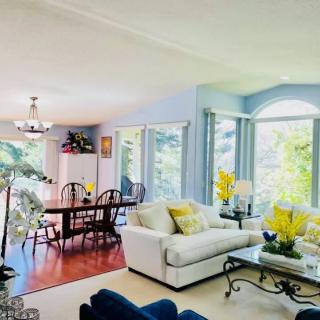 A bright and airy open-plan living and dining space with large windows, cozy furniture, and elegant decor.