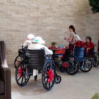 A caregiver interacts with elderly individuals in wheelchairs in a comfortable indoor setting.