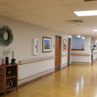 A quiet hospital hallway with artwork and decorations.