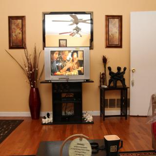 A cozy living room with a television, wooden floors, and decorative elements including framed art and a vase.