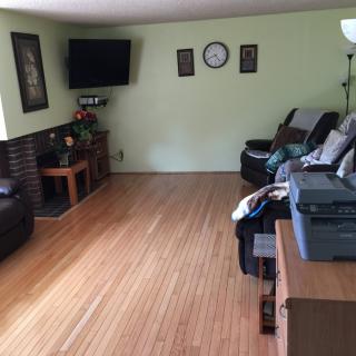A spacious living room with a hardwood floor, featuring a sofa, wall-mounted television, and various decor elements.