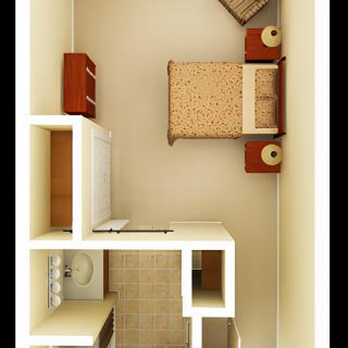 A minimalist bedroom floor plan showcasing furniture placement and interior layout.