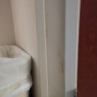 A view of a corner in an office with a trash can and door frame.