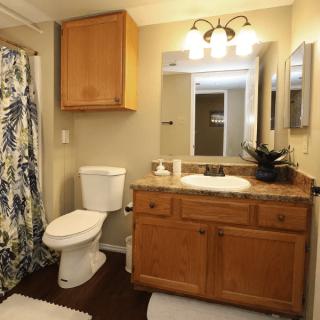 A well-organized bathroom with wooden cabinetry, a sink, and a shower with a floral curtain.