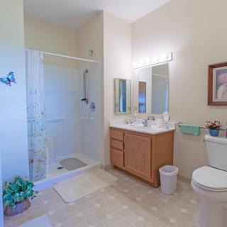 A modern bathroom featuring a shower, vanity with mirror, and toilet.