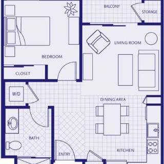 A detailed floor plan of a one-bedroom apartment with a living room, kitchen, dining area, bathroom, and balcony.