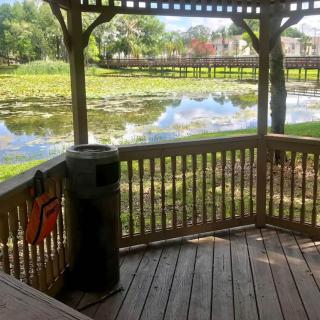 A peaceful gazebo overlooking a serene lake in a park setting.