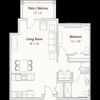 Floor plan of a one-bedroom apartment with a living room and patio/balcony.