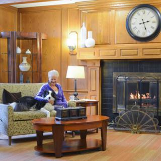 A person sitting on a couch with a dog in a cozy living room featuring a fireplace and large clock.