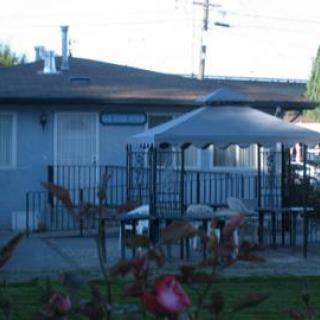 A view of a residential backyard with a patio area and umbrella.