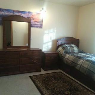 A cozy bedroom featuring a single bed, dresser with mirror, and a decorative rug.