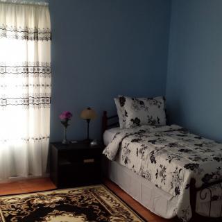 A cozy bedroom with a single bed and floral bedding against blue walls.