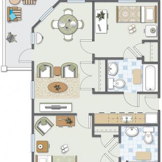 Floor plan of an apartment showing bedrooms, bathrooms, living area, and kitchen.
