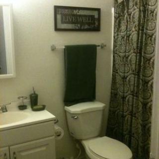 A neatly arranged bathroom with a decorative shower curtain and towel.