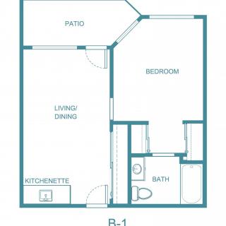 A blueprint of a one-bedroom apartment featuring a patio, living/dining area, kitchenette, and bathroom.