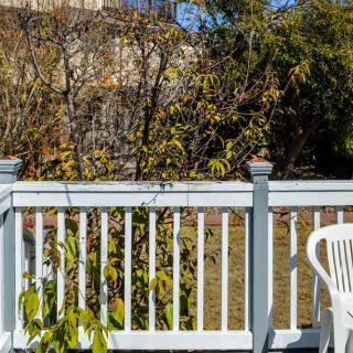A patio deck with a white railing and chair, surrounded by trees and garden.