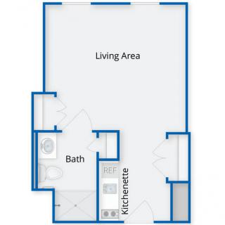 Floor plan of a studio apartment with a living area, bathroom, and kitchenette.