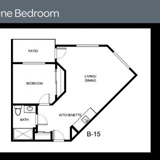 A floor plan of a one-bedroom apartment, featuring a patio, living/dining area, bedroom, bathroom, and closets.