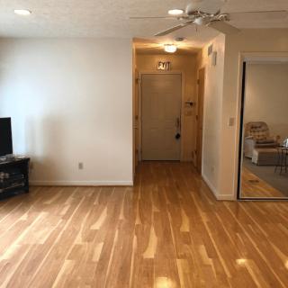 An empty living room with wood flooring and a view of the doorway and mirrored closet.