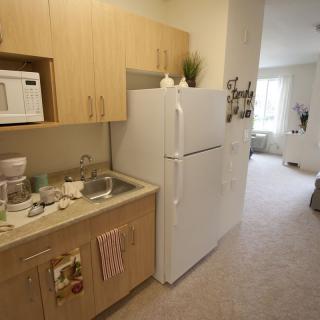 A compact kitchen in an apartment with a microwave, sink, and fridge, leading into a living area.