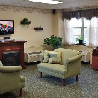 A cozy living room with sofas, a television, and indoor plants.
