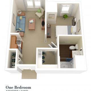 3D floor plan of a one-bedroom apartment layout.