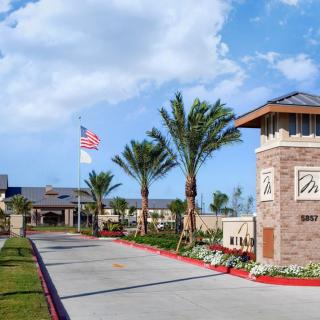 Entrance to a residential community lined with palm trees and an American flag.