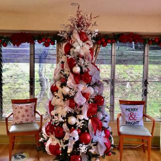 A beautifully decorated Christmas tree with red and white ornaments stands between two chairs adorned with festive pillows.