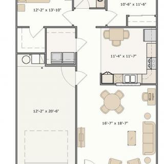 A detailed floor plan of a one-bedroom apartment featuring a kitchen, living room, and bathroom.