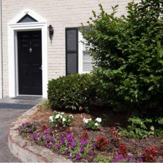 A house entrance with a black door, surrounded by a well-maintained garden featuring vibrant flowers and green bushes.