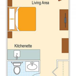 A simple floor plan of a studio apartment with a living area, kitchenette, and bathroom.