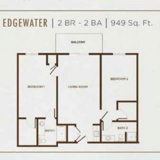 Edgewater apartment floor plan featuring 2 bedrooms, 2 bathrooms, a living room, kitchen, and balcony in 949 square feet.