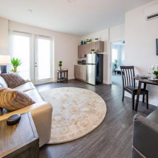 A modern apartment living space featuring a cozy sofa, stylish round rug, and compact kitchen area.