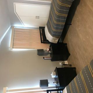 A modern bedroom with twin beds and matching nightstands.