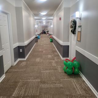 A hallway decorated with green balloon clusters along the walls.