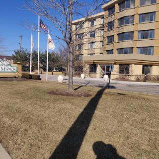 A view of a hotel building with flags and trees, set against a clear blue sky.