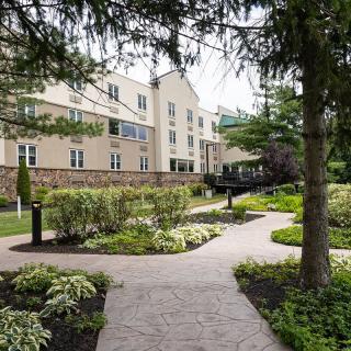 A well-landscaped pathway leads to a modern building surrounded by trees and shrubs.