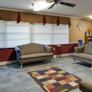 A cozy living room with two sofas, a colorful rug, and large windows adorned with blinds.