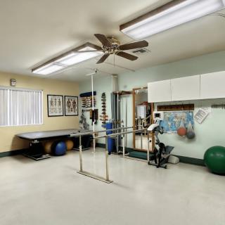 A well-equipped physical therapy room with parallel bars, exercise balls, and a treatment table.