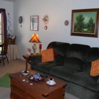 A cozy living room with a dark green sofa, a wooden coffee table, and decorative wall art.