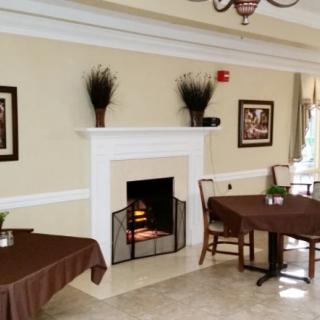 A cozy room with a fireplace and neatly arranged furniture.