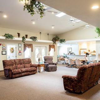 A cozy living room with comfortable sofas, armchairs, and decorative elements like plants and framed pictures.